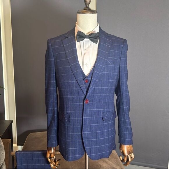 Men’s Blue Plaid 3 Piece Slim Fit Formal Business Suit Jacket 38 Pants 34 NWT - Picture 2 of 15